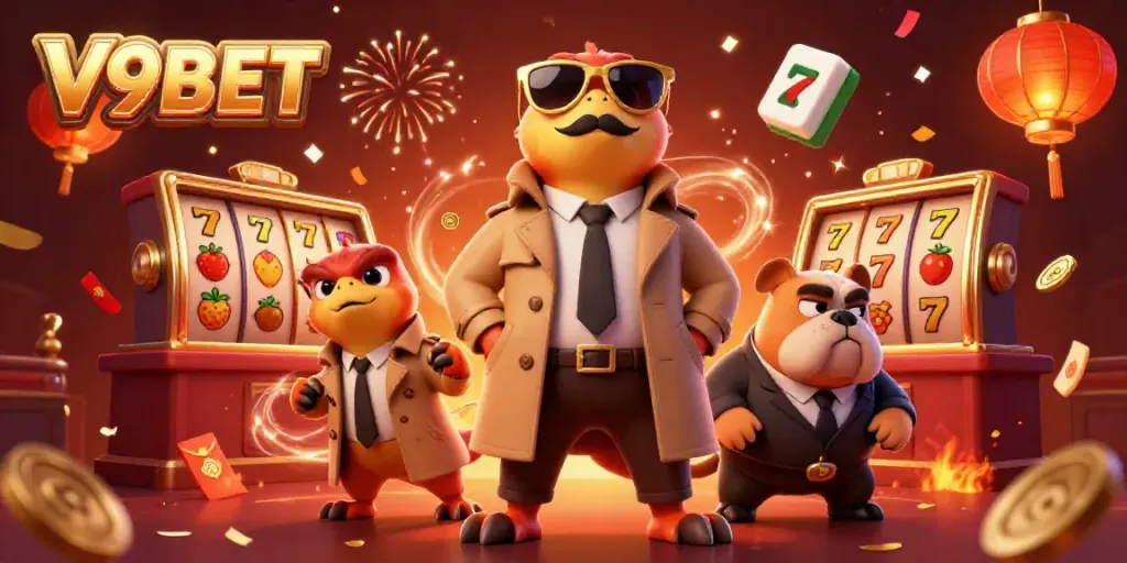 Experience the thrill of V9BET with playful raptors in a VIP casino scene.