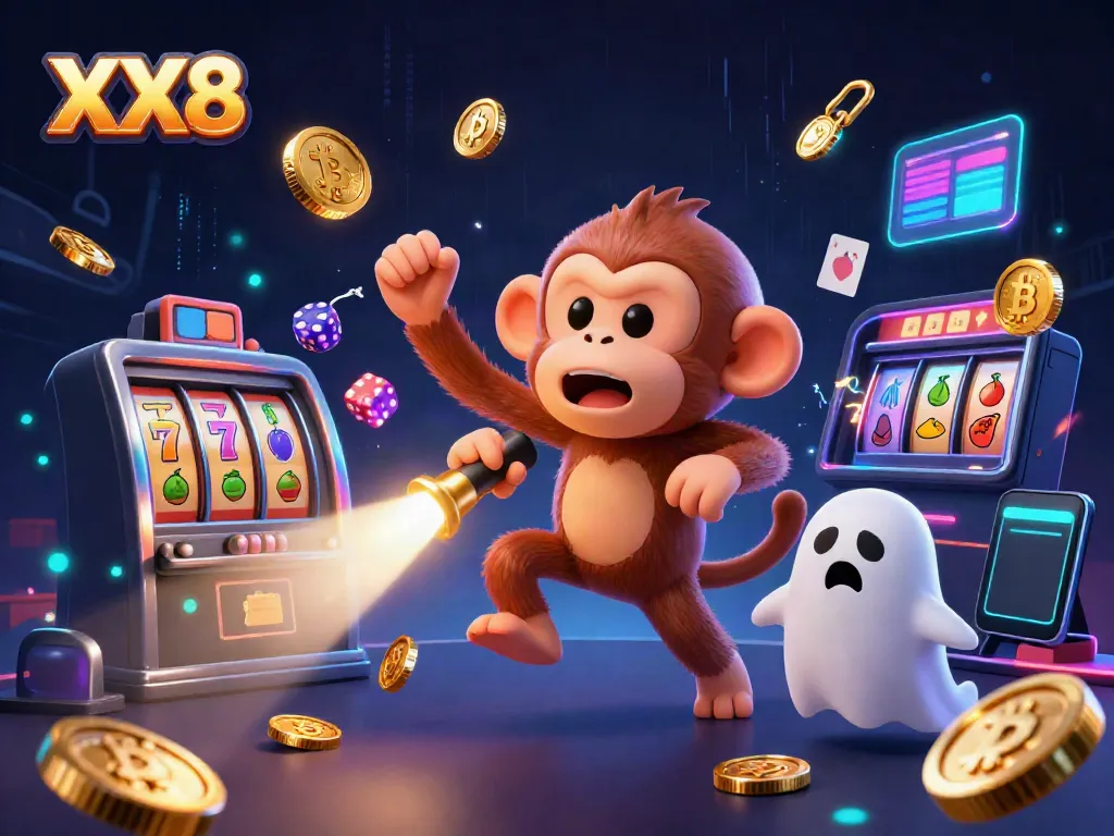 Experience the playful atmosphere of XX8 with a mischievous poltergeist monkey juggling golden coins and a curious ghost-hunter puppy in a vibrant casino.