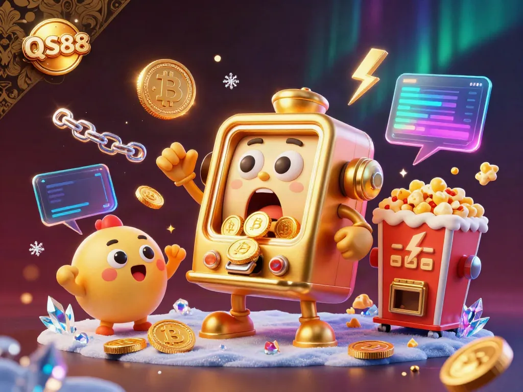 Experience the excitement of QS88 with a lively jackpot scene featuring animated slot machines and crypto elements.
