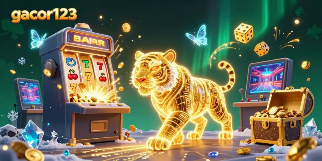 Experience thrilling gameplay with gacor123's digital casino landscape, highlighted by vibrant neon elements.