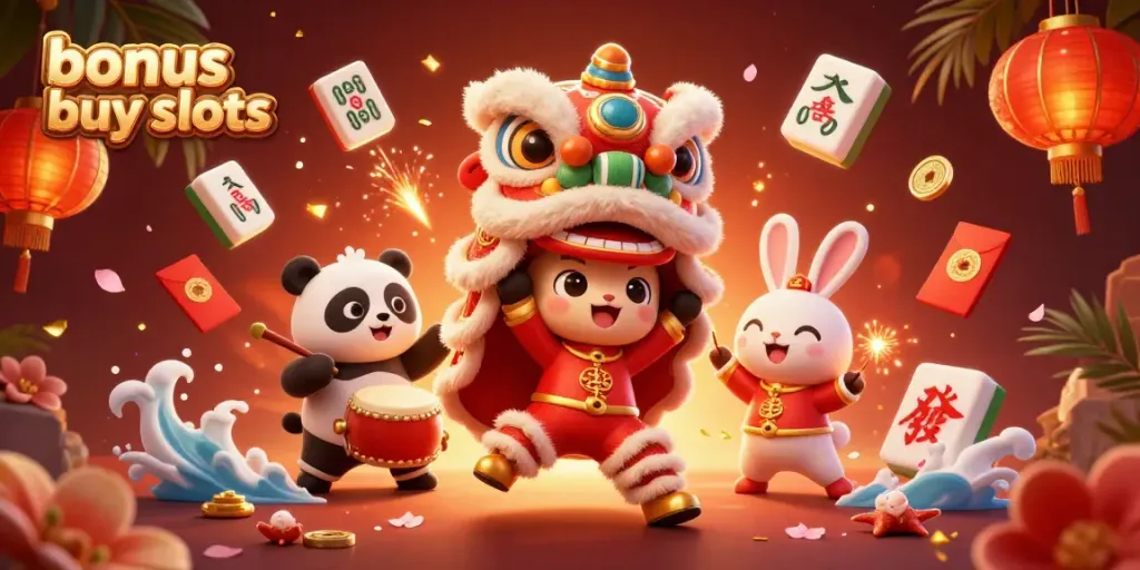 Engage in bonus buy slots with vibrant characters and festive decorations in a dynamic 3D casino scene.