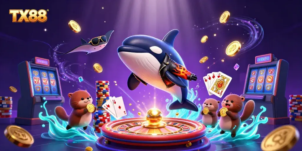 Experience the exciting action of TX88 with dynamic casino scenes featuring vibrant characters and game elements.