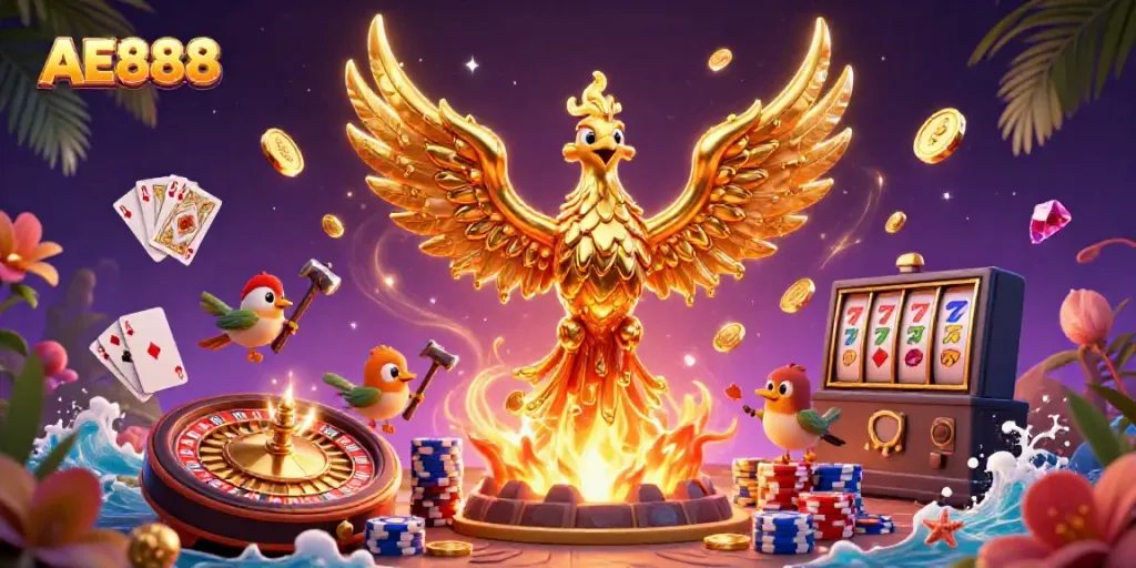 Spin the reels and win with AE888’s golden phoenix in a vivid casino scene!