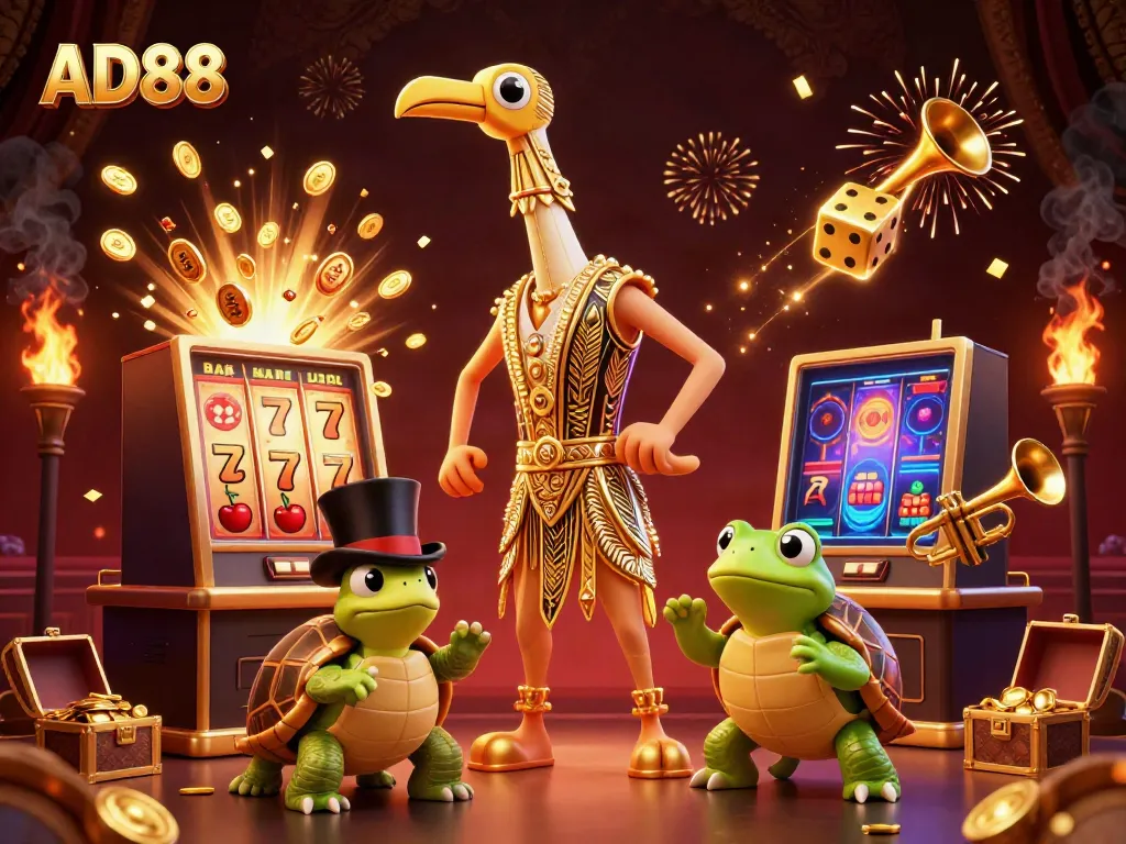 Spin the reels at AD88 with a lively 3D cartoon casino scene featuring excitement and dynamic gaming energy.