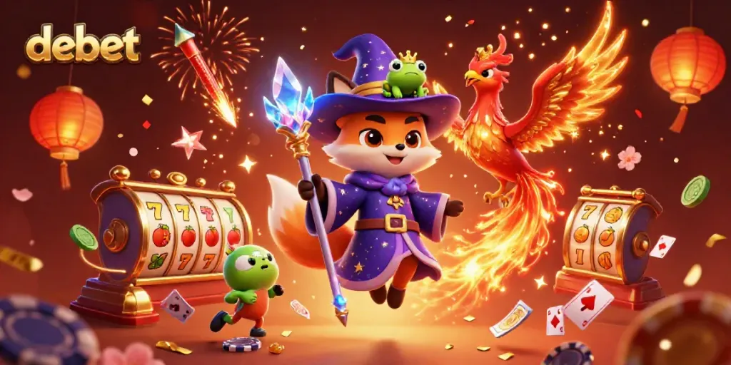 Engage in thrilling casino action with the debet wizard fox, phoenix, and royal frog in an animated spectacle.
