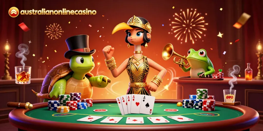 Experience the vibrant world of australianonlinecasino with a lively 3D scene featuring unique characters and dynamic casino elements.