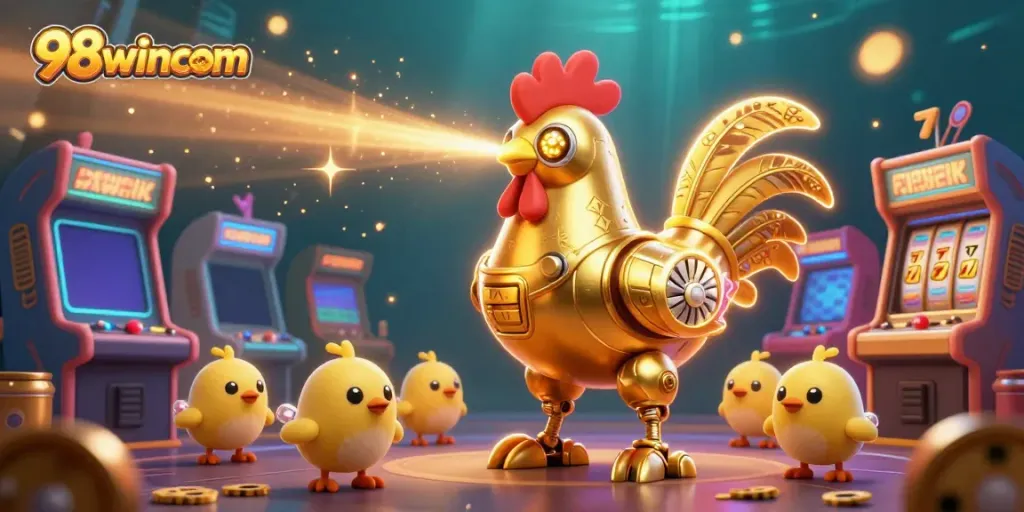 Experience the fun of 98wincom with a golden rooster robot leading baby chick drones in a vibrant gaming scene.