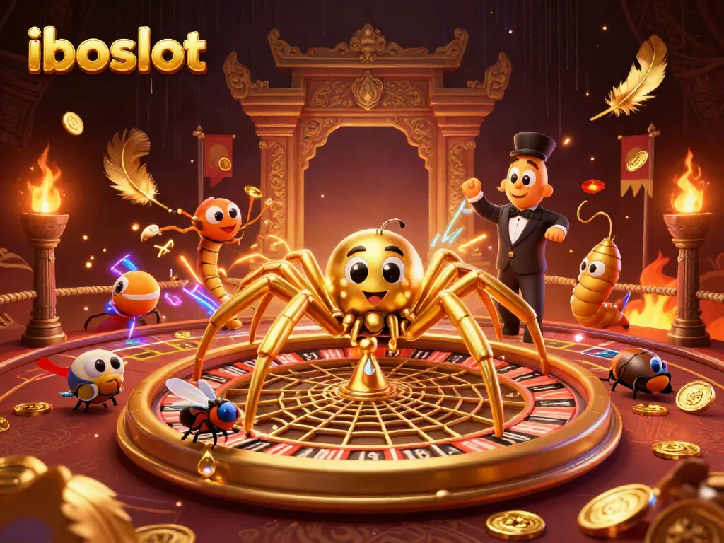 Experience the excitement of iboslot with a golden spider and centipede croupier in a gambling scene.