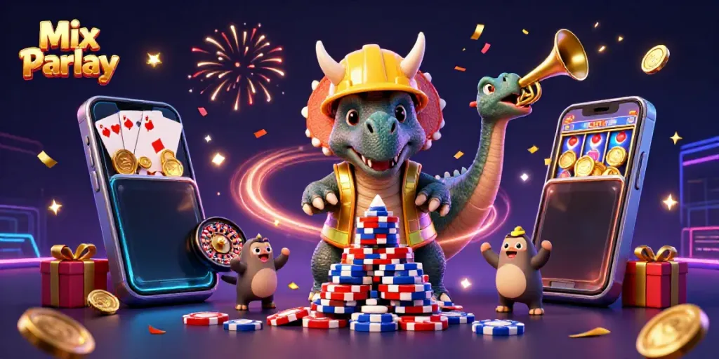 Engage in Mix Parlay betting excitement with a cartoon dinosaur scene full of casino action.
