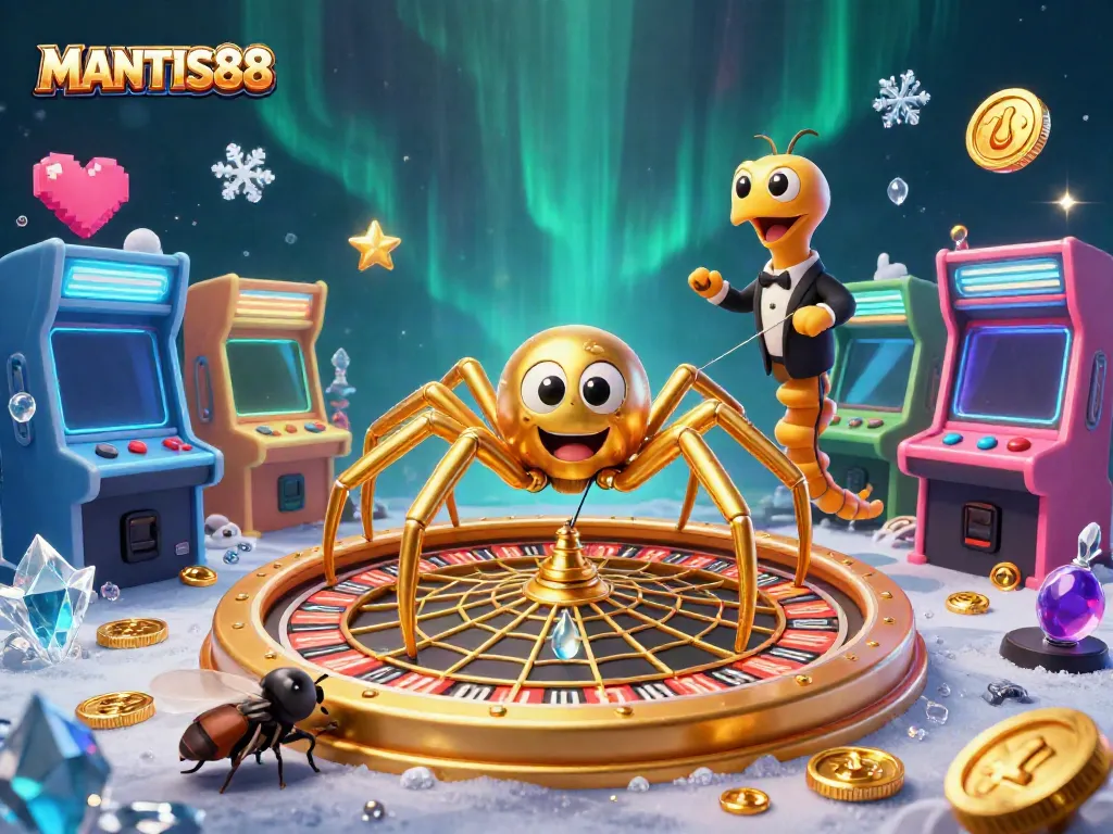 Experience the thrill at MANTIS88 with a vibrant 3D casino scene showcasing characters and game elements.