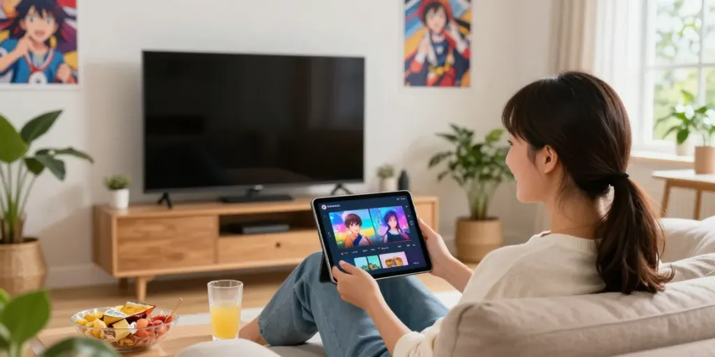 Utilisateur profitant de l'application Senpai Stream pour regarder des anime dans un salon confortable, entouré de décorations animées.
