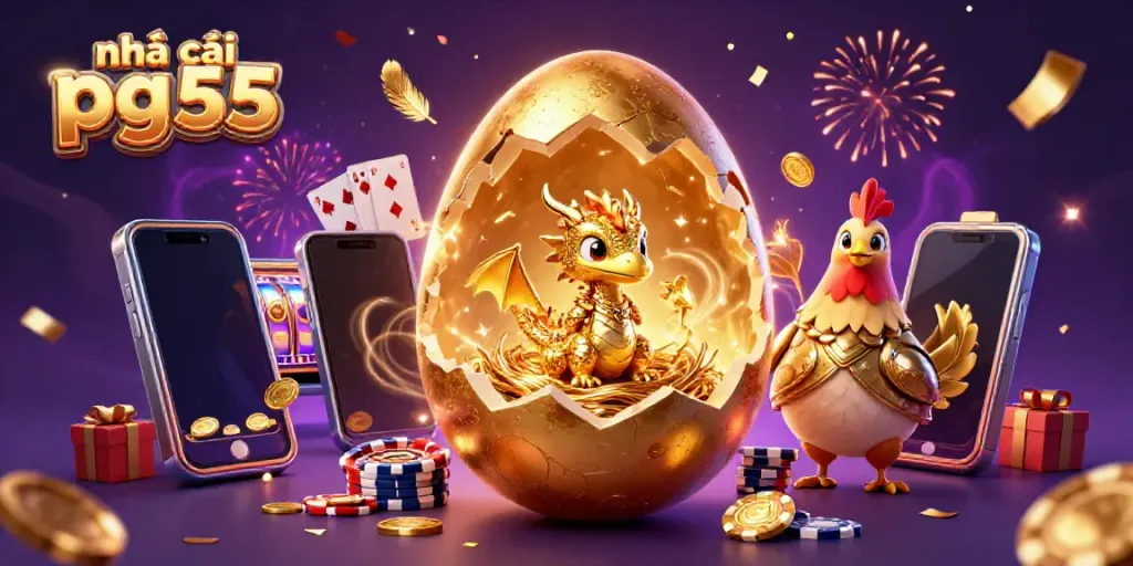 Engage with nhà cái pg55 through a vibrant casino scene featuring gold dragon and poker chips.