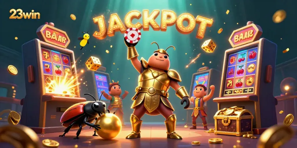 Experience fun gaming thrills with 23win as beetles celebrate a jackpot in vibrant casino chaos.