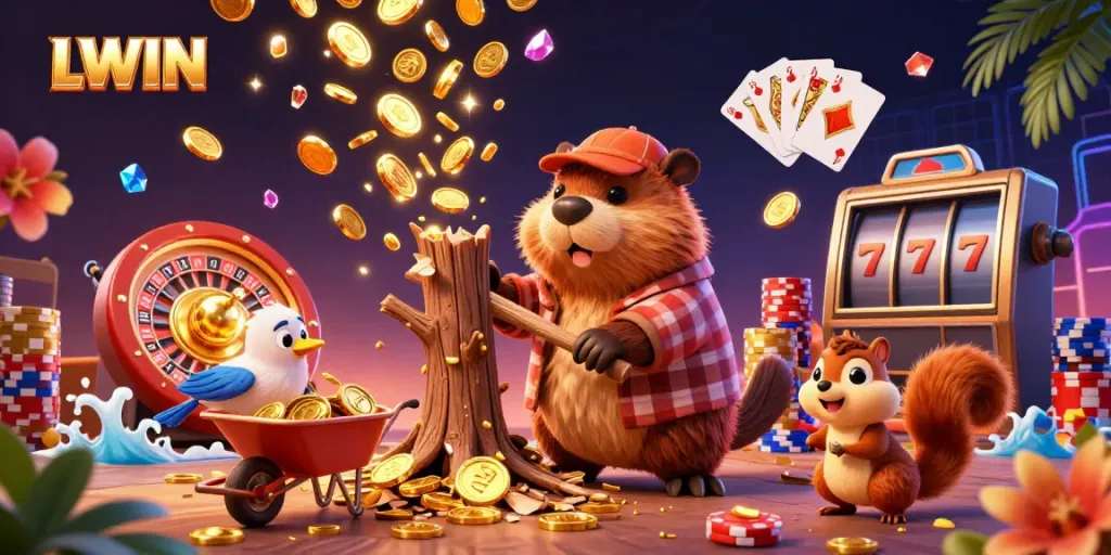 Experience exciting wins at LLWIN with a vibrant scene of cartoon characters surrounded by dynamic casino elements.