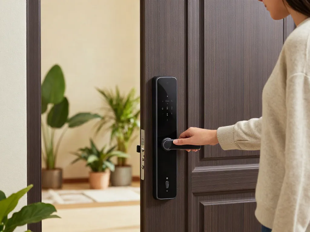 Showcasing a قفل هوشمند on a modern door, with a user unlocking it via smartphone interaction.