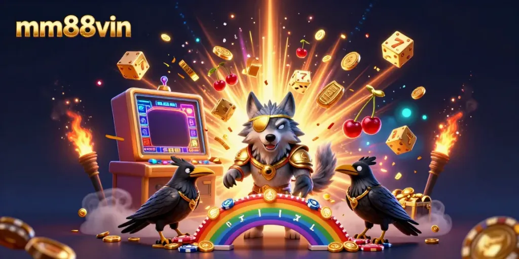 Engage in the vibrant world of mm88vin featuring Norse mythology characters amid an explosion of casino elements.
