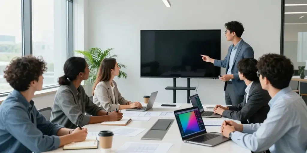 Business team discussing additional resources in a modern conference room.