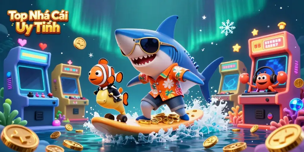 Experience thrilling excitement at Top Nhà Cái Uy Tín with vibrant 3D cartoon elements showcasing gambling adventures.