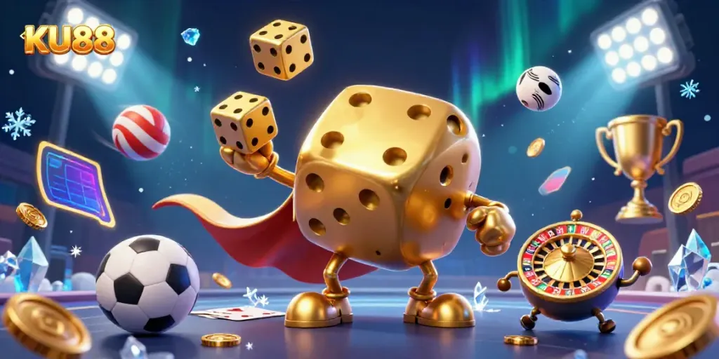 Experience the thrill of betting with KU88 in this vibrant casino-themed illustration.