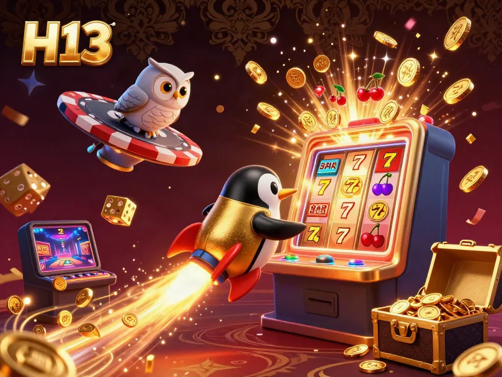Experience the excitement of H13, with a golden penguin and jackpot explosion in a vibrant casino setting.