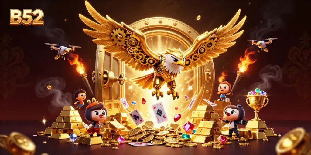 B52 golden eagle diving through casino-themed holographic cards, surrounded by treasures and jewels.