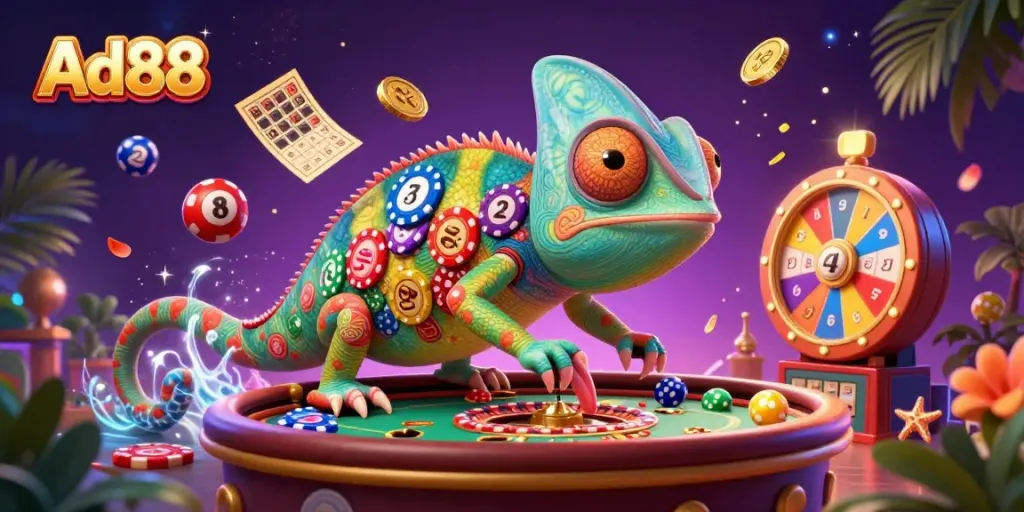 Engage with Ad88's vibrant online gaming experience featuring a dynamic chameleon casino owner amidst colorful gaming elements.