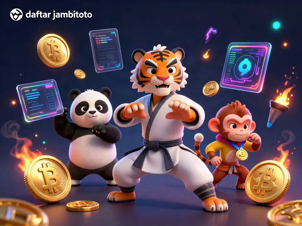 Experience thrilling games at daftar jambitoto with a lively scene of fun characters and crypto elements.