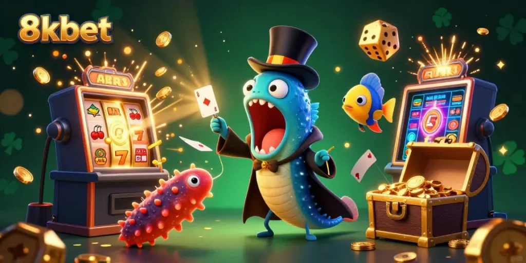Experience thrilling magic with 8xbet's vibrant casino characters performing card tricks amidst jackpot explosions.