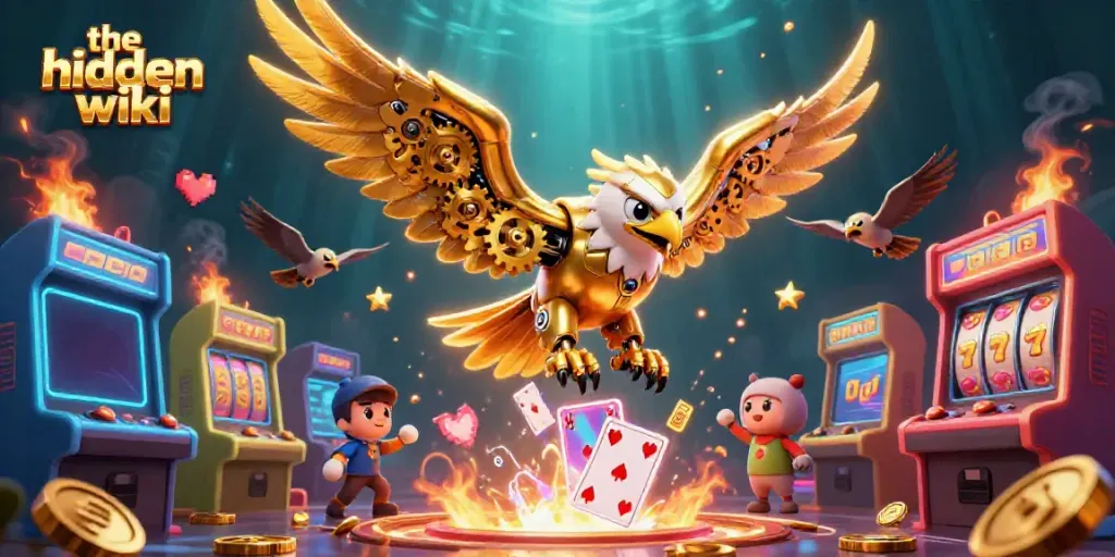 Experience the hidden wiki with a dynamic 3D casino scene featuring a cybernetic eagle and engaging gambling elements.