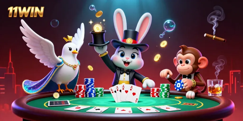 Experience the thrilling magic of 11WIN with a cartoon magician pulling coins, poker chips, and a dazzling dove.
