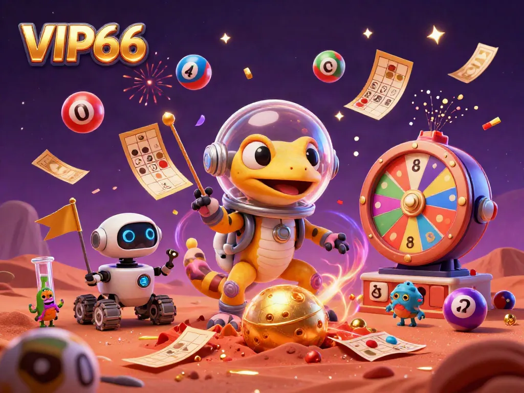Experience the thrilling world of VIP66 with a Martian gecko discovering a golden casino.