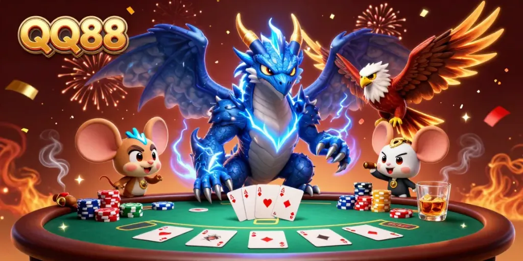 Experience the thrill of QQ88 with a dynamic scene of casino characters and poker elements.