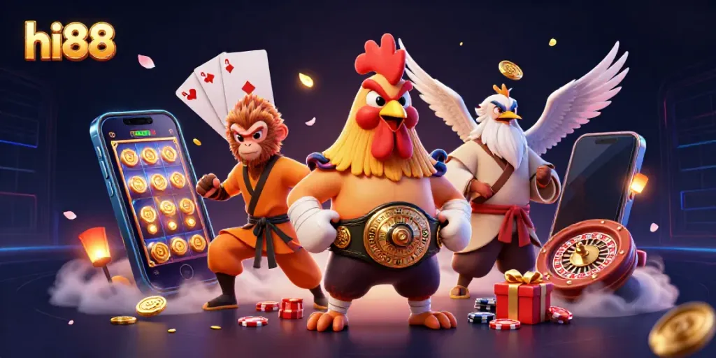 Win big with hi88 in this vibrant 3D casino scene featuring dynamic characters and engaging game elements.
