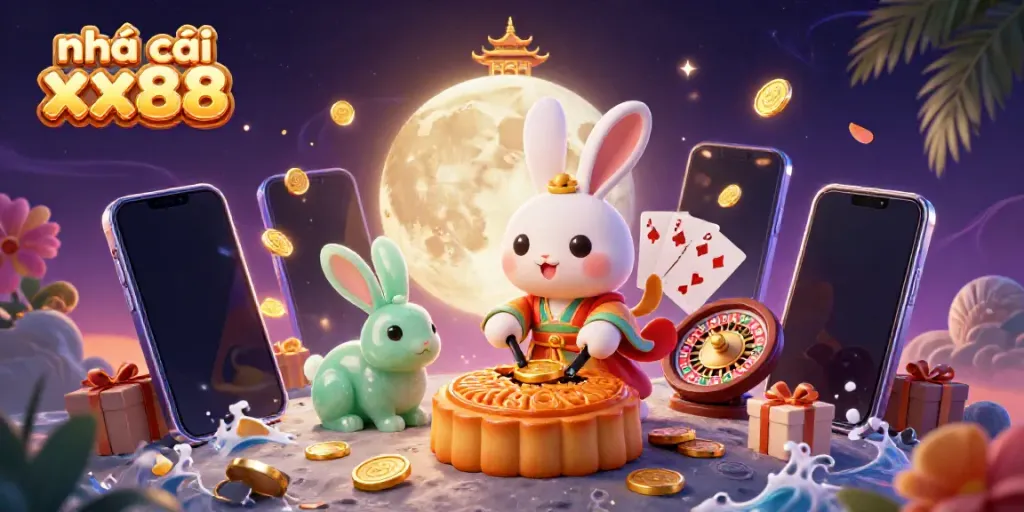 Experience the vibrant gaming world of nhà cái xx88 with a moon rabbit and treasures in this lively illustration.