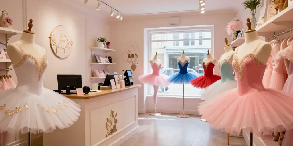 Tutu store showcasing colorful tutus and costumes in a charming boutique setting.
