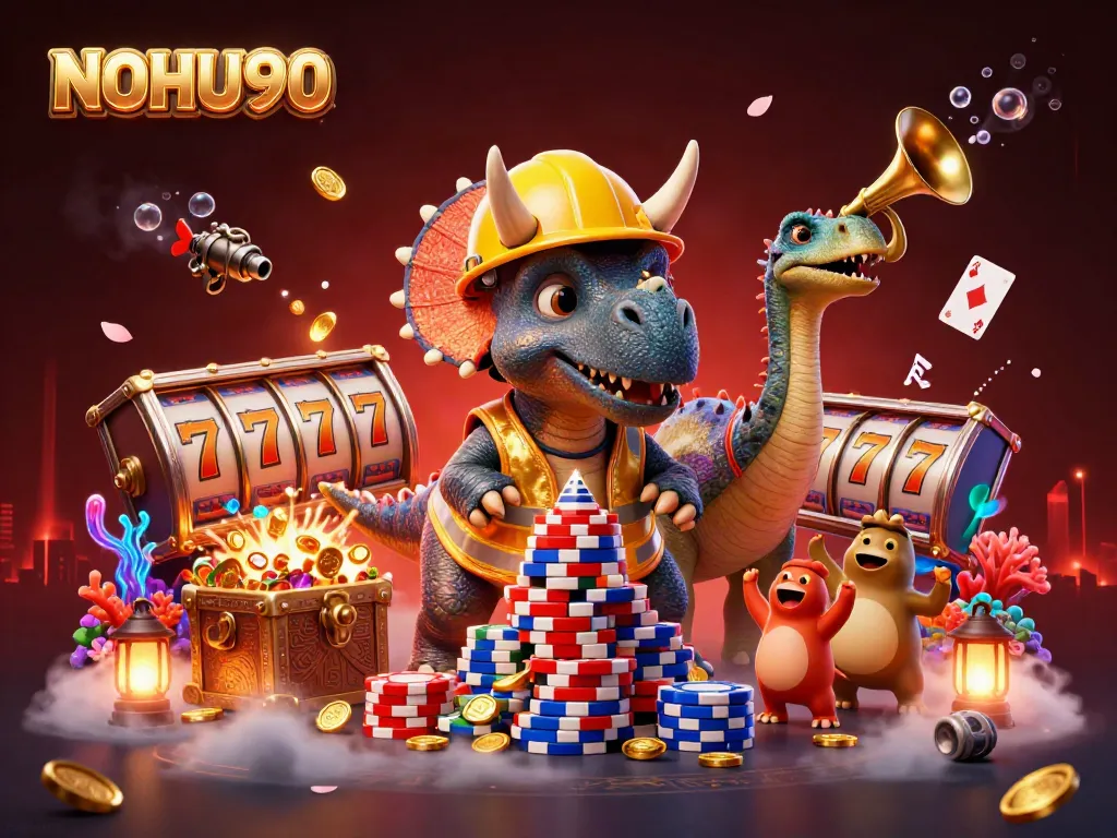 Engaging scene of NOHU90 with triceratops building poker chip pyramid among vibrant casino elements and fish shooting game decorations.