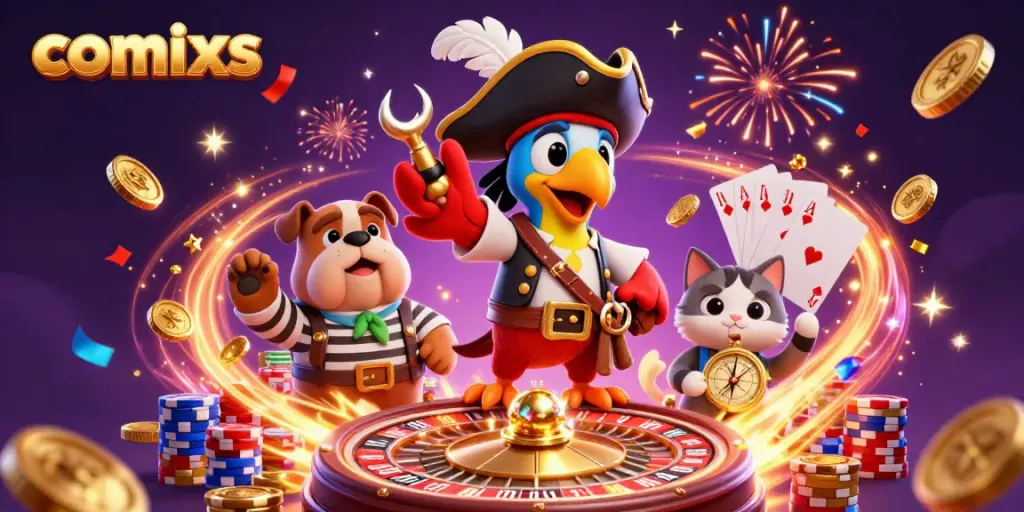 Engaging comixs illustration showing a colorful pirate crew amidst dynamic casino elements, capturing a festive gaming atmosphere.