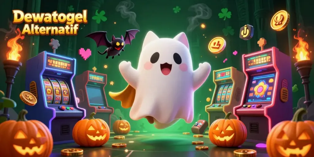 Engage with Dewatogel Alternatif in a lively 3D casino scene featuring a ghost cat, bat, and glowing elements.