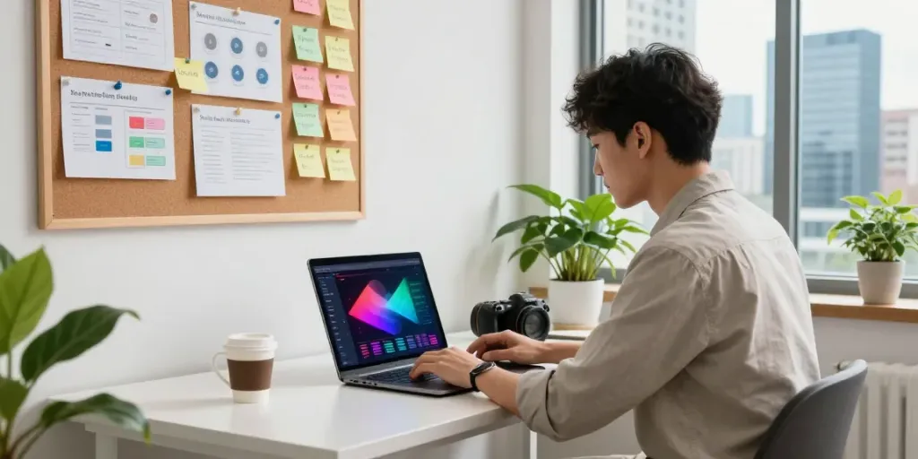 SaaS link building specialist analyzing data in a modern workspace environment.