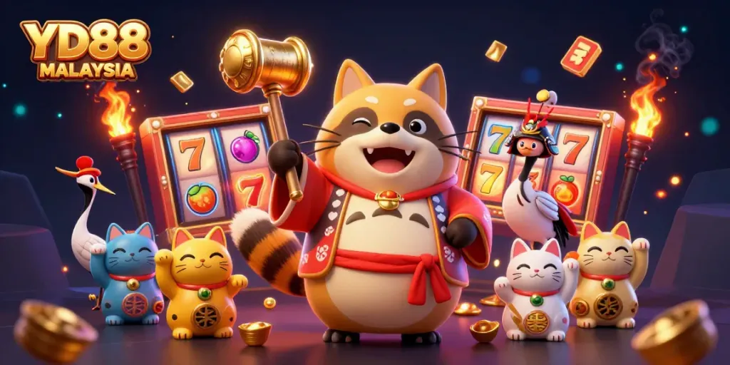 Experience thrilling gameplay at YD88 MALAYSIA with a vibrant casino scene featuring cheerful characters.
