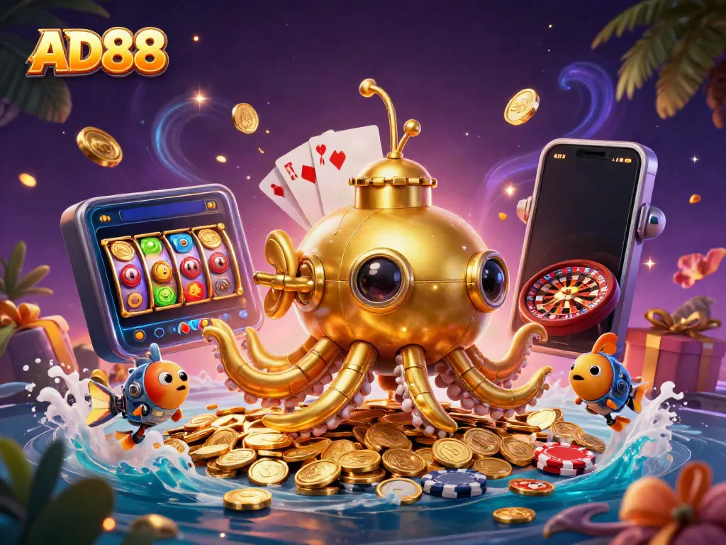 Engage with thrilling casino action at AD88 featuring a dynamic golden kraken submarine amidst colorful slot games and vibrant treasures.