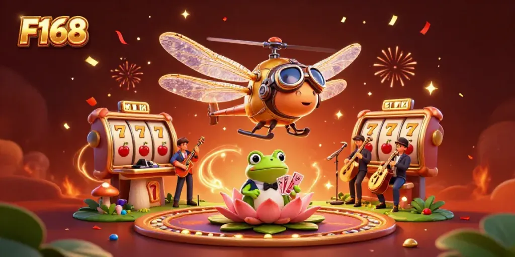 Experience thrilling gameplay at F168 with vibrant casino elements, dragonfly pilot, and a lively croupier.