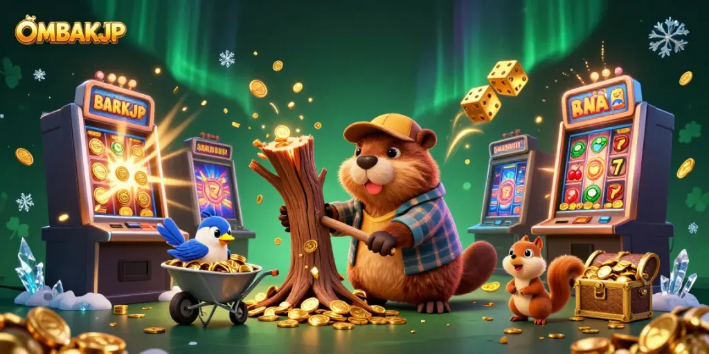Experience exhilarating wins in OMBAKJP with vibrant casino-themed characters and golden treasures.
