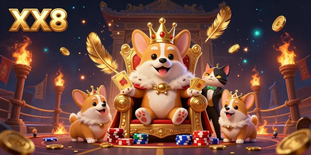 Experience the vibrant gaming world of XX8 with a royal corgi king and engaging casino themes.