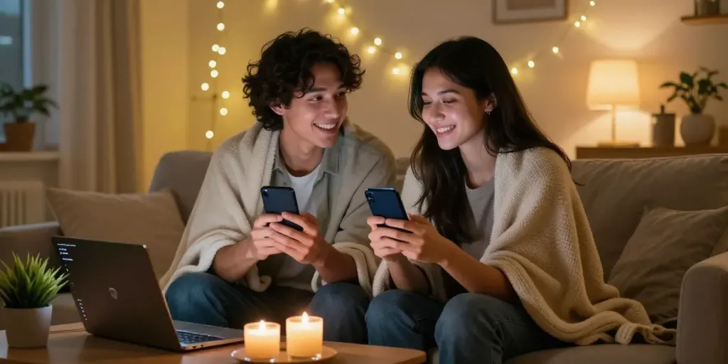 Engaging in ai sexting, couple laughing together on couch with smartphones in a cozy setting.