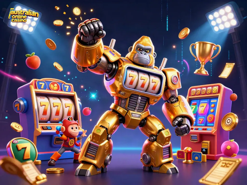 Engage with the ultimate australian online casino experience featuring a golden gorilla mech and slot elements.