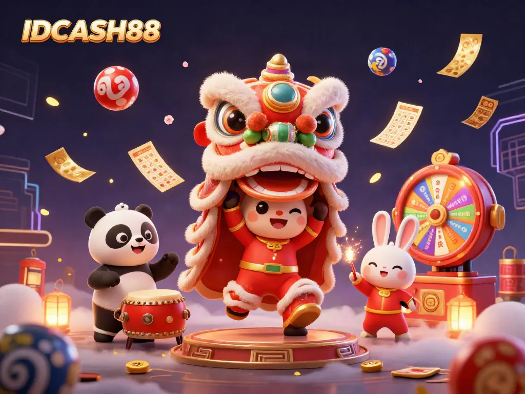 Experience the vibrant energy of IDCASH88 with a lively lion dance scene, filled with dynamic gaming elements.