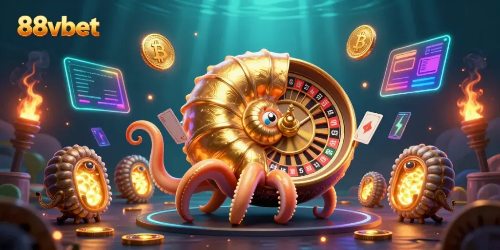 Engage with 88vbet's captivating 3D nautilus roulette scene, showcasing vibrant gaming elements.