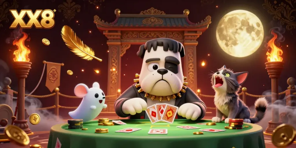 Engaging scene of XX8 with a Frankenstein bulldog monster dealing cards at a haunted table.
