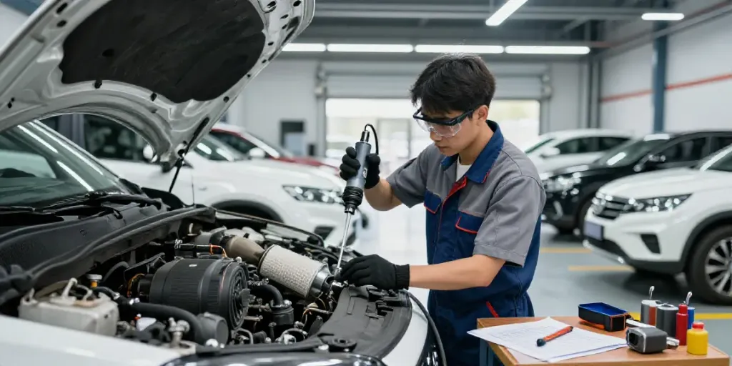 Mechanic performing dpf reinigen in a bright automotive workshop with tools and vehicles.
